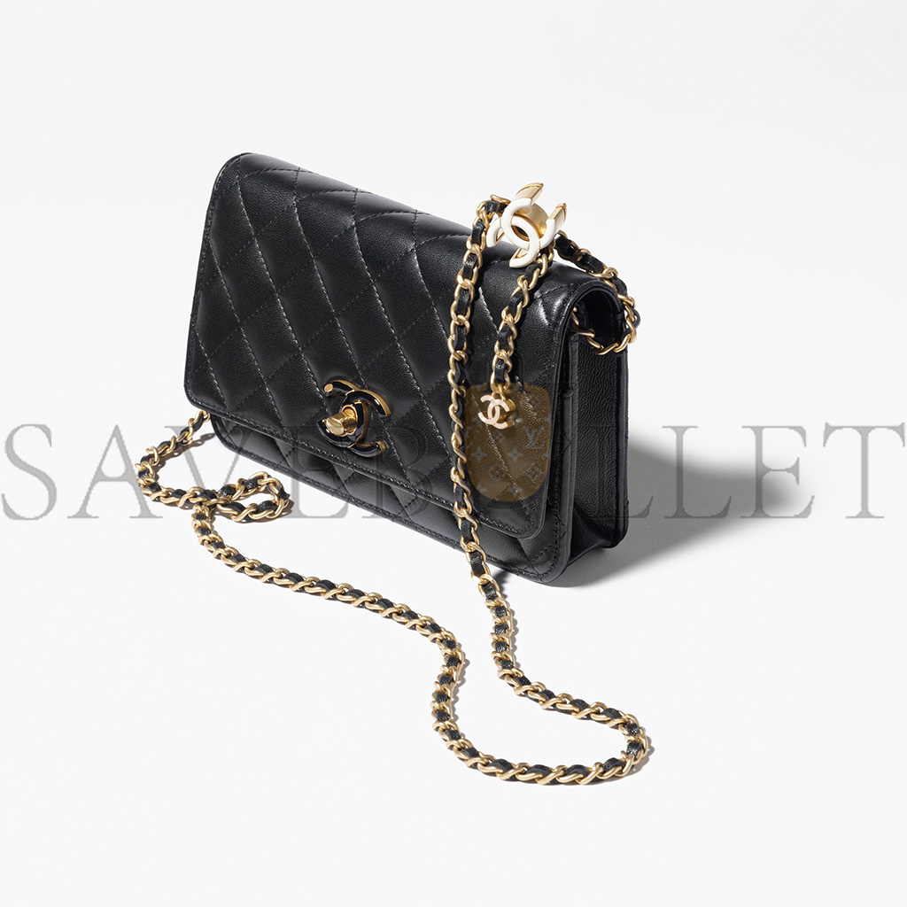Ch*el on-chain wallet shiny lambskin, enamel and gold-tone metal black ap3938 (19.5*12*5.5cm)
